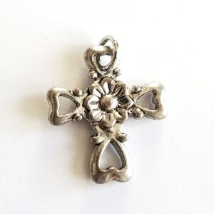 Cross pendant with hearts and a flower silver tone metal religious Christian